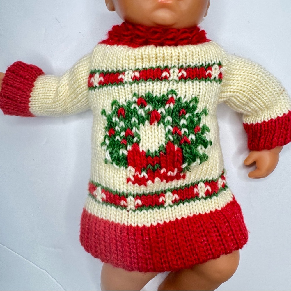 Doll or Teddy Bear Christmas Sweater and Santa Hat Set Wreath Red Creme Green - Picture 3 of 16